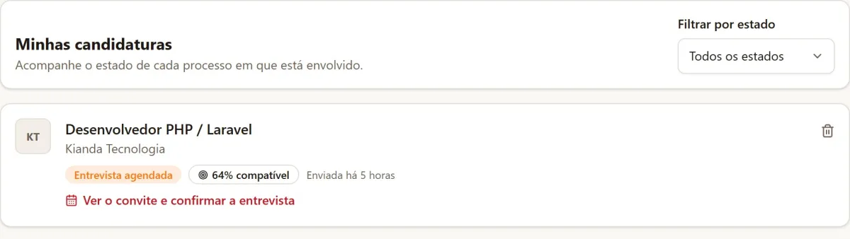 Lista de candidaturas do candidato com a etapa de cada uma