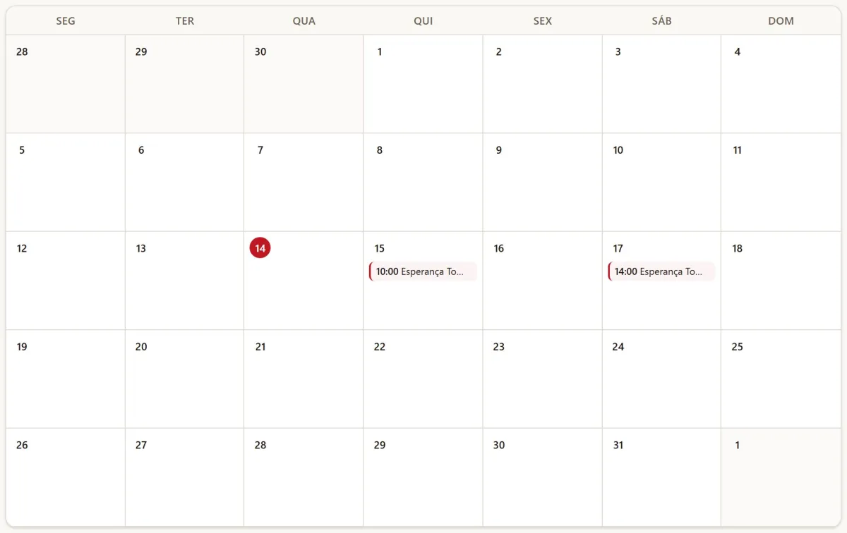 Calendário mensal de entrevistas com as entrevistas marcadas em cada dia