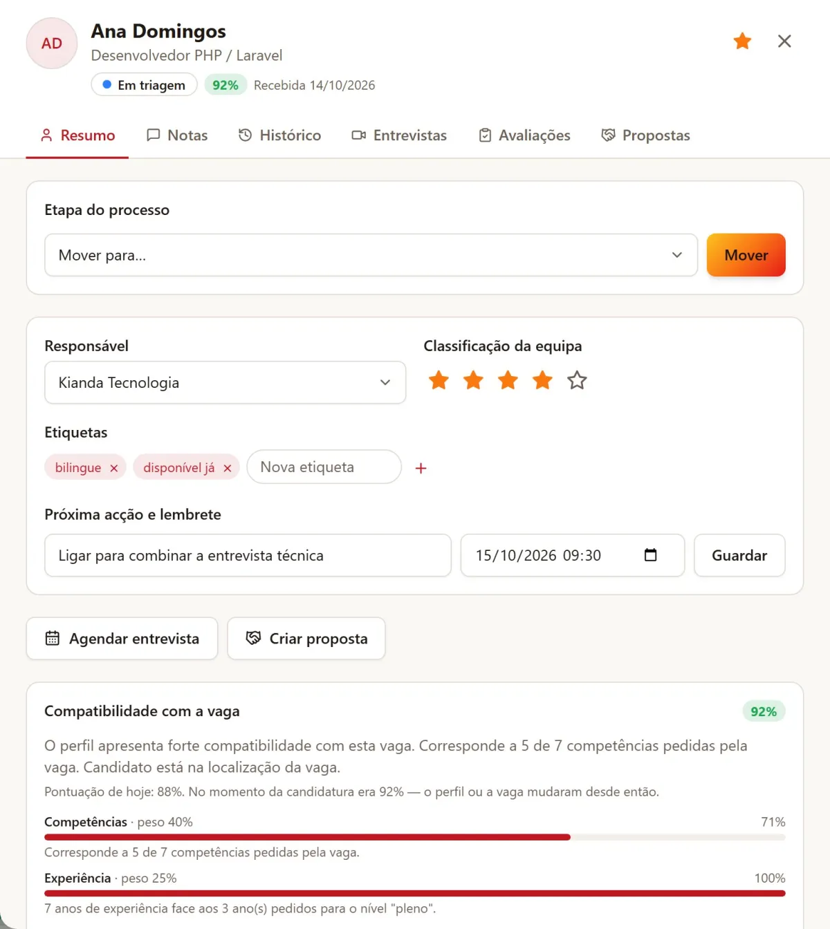 Detalhe de uma candidatura com etapa, responsável, classificação, etiquetas e atalhos para entrevista e proposta